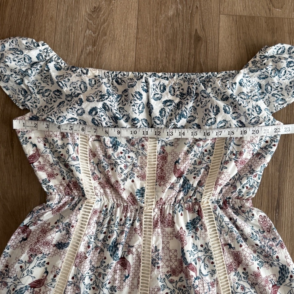 Tularosa Peacock Floral Off Shoulder Cotton Mini Dress White Blue Burgundy XL - Picture 7 of 7